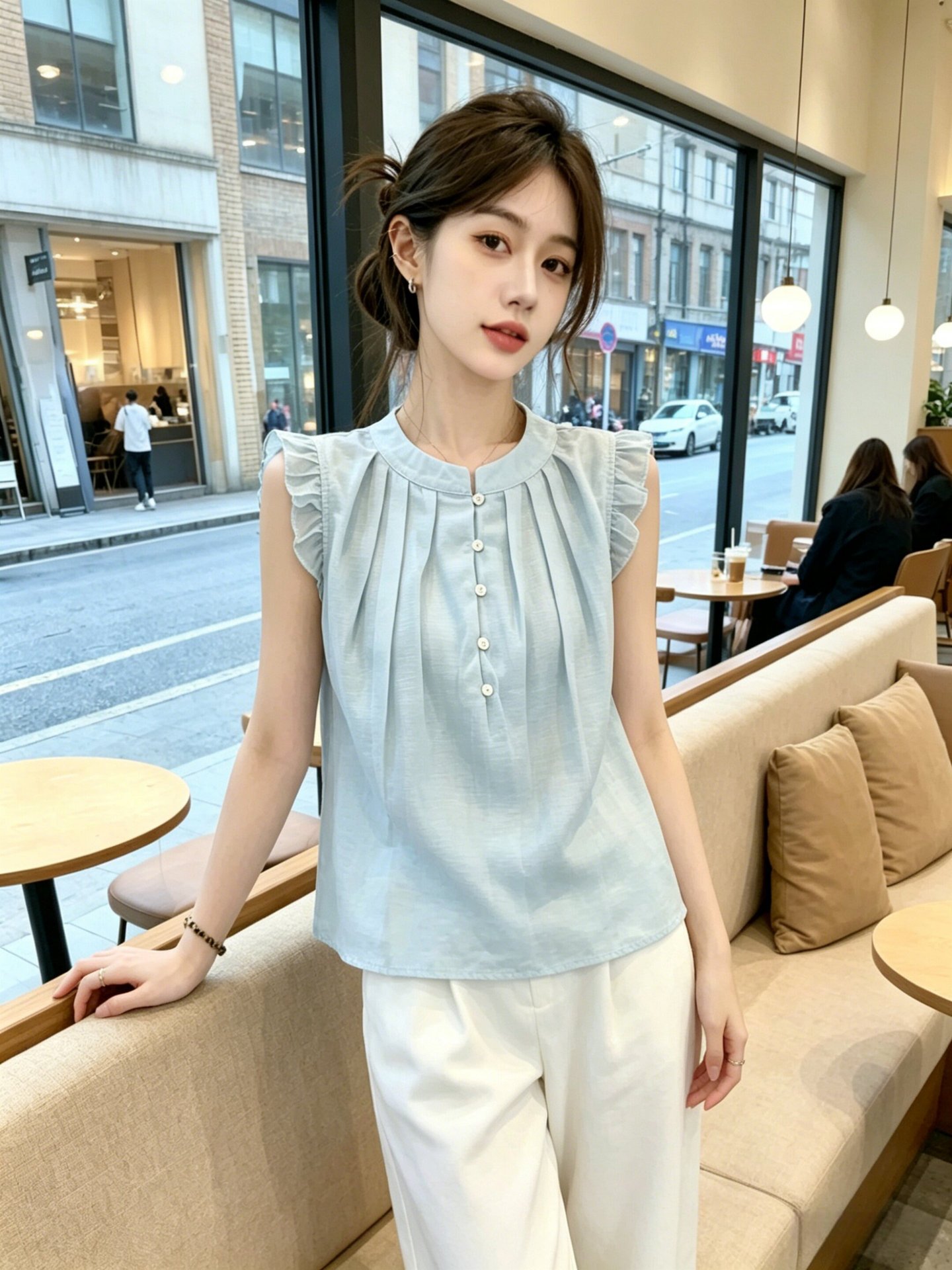 Áo sơ mi ngắn tay nữ dáng búp bê, phong cách ngọt ngào trẻ trung — xanh lam chi tiết 6