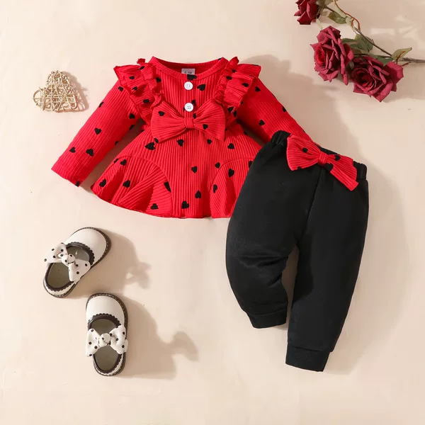Foreign Trade Baby Love Printing Lotus Leaf Lace Bow Long Sleeve Trousers Autumn and Winter suit