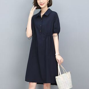 Pure Cotton High-End Casual Loose Slimming Elegant Large Size Dress Summer New Waist Short-Sleeved Shirt Skirt