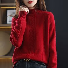 2025秋冬新款半高领毛衣女套头外穿内搭纯色拼接上衣打底厚针织衫