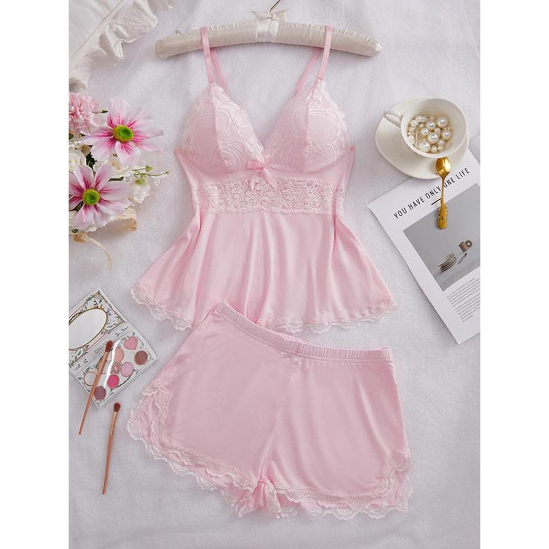 Foreign Trade Dropshipping Cross-Border Lingerie Women's Pure Color Lace-Trimmed Suspender Tops and Shorts Pajamas Sets