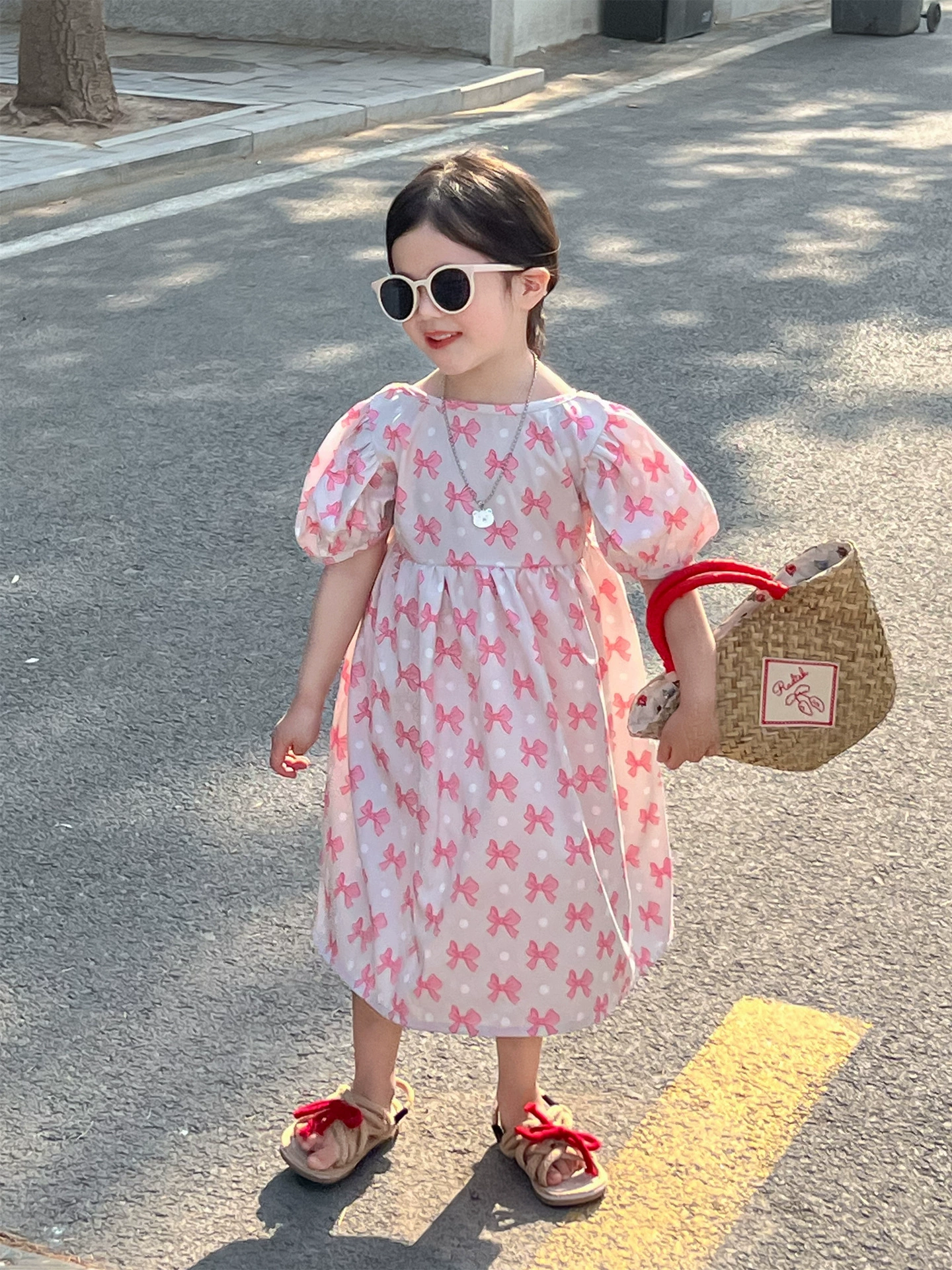 Летнее милое платье для принцесс-девочки, кукла с бантом, свободный крой, с коротким рукавом