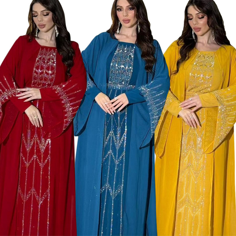 Xqy500270 Rhinestone Embellished Faux Two-Piece Robe with Chiffon and Wool Blend, Includes Belt Xqy500270 Rhinestone Embellished Faux Two-Piece Robe with Chiffon and Wool Blend, Includes Belt
