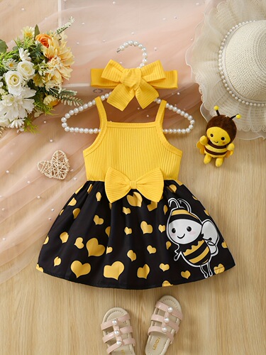 Baby's Cartoon Elephant Heart Pattern Cami Dress Set Lovely