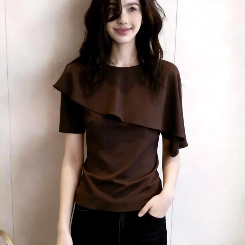 【40-Count 1*1 Cool Silk Cotton】2026 Ruffled Short-Sleeve Top with a Stylish Design, Slimming Effect, Versatile, and Age-Reducing 【40-Count 1*1 Cool Silk Cotton】2026 Ruffled Short-Sleeve Top with a Stylish Design, Slimming Effect, Versatile, and Age-Reducing