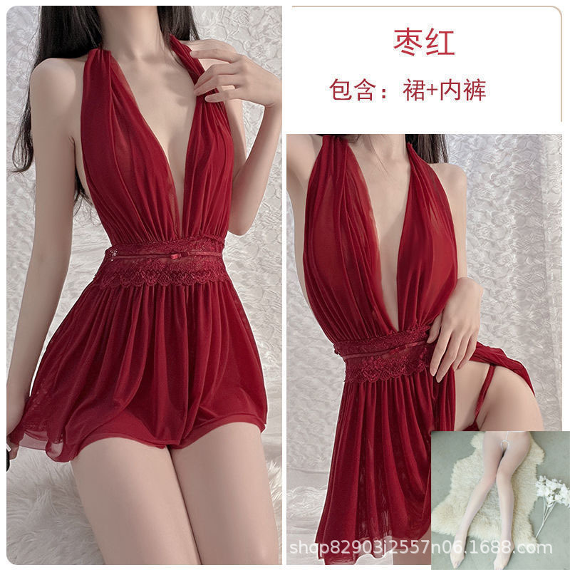 마룬 잠옷 + 속옷 + 흰색 가랑이 없는 스타킹 q1500