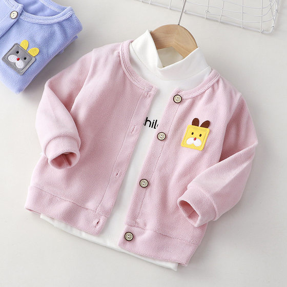 2022 spring and autumn new boy's cardigan jacket female baby's solid color warm jacket Korean version foreign style children's clothing wholesale top