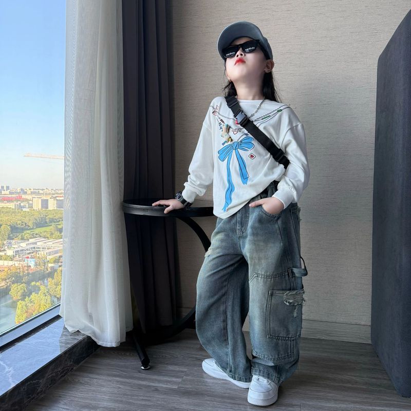 女童秋季潮酷休闲风工装牛仔裤老爹裤中大童韩版洋气百搭长袖T恤9|undefined