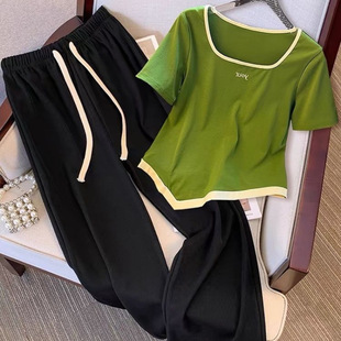 Plus Size Summer Clothes with a Complete Set of 2024 New Fat mm Asymmetrical Square Neck Short-Sleeved T-Shirt Wide-Leg Pants Suit for Women