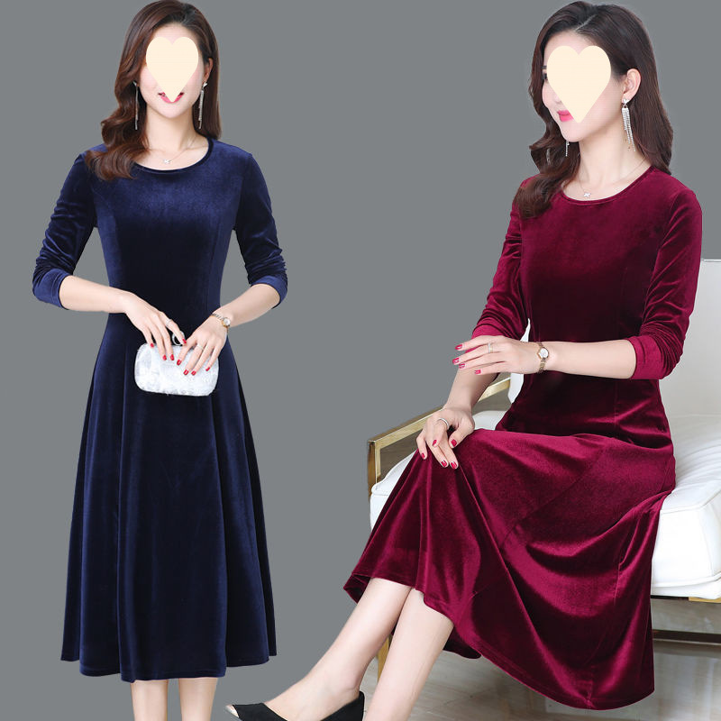 连衣裙女秋冬新款金丝绒连衣裙女中长款修身大码妈妈裙女装|undefined