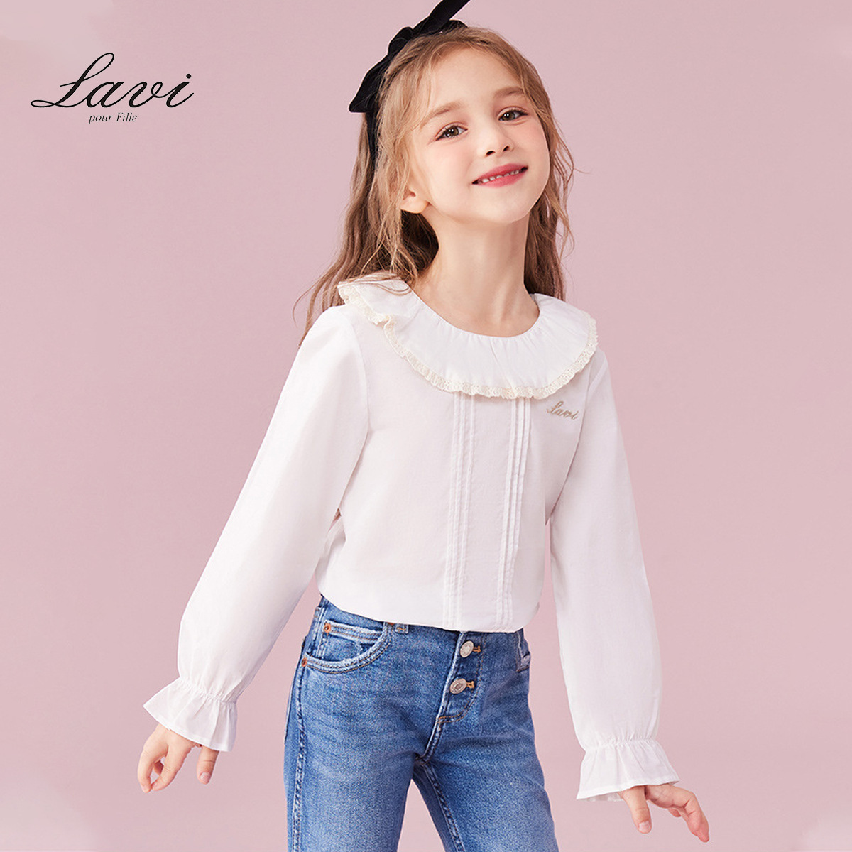 LAVI Spring New Children's Long-Sleeved Shirt Girls' Long T-Shirt Spring Clothing for Medium and Large Children Girls' Shirt Fashionable Trendy