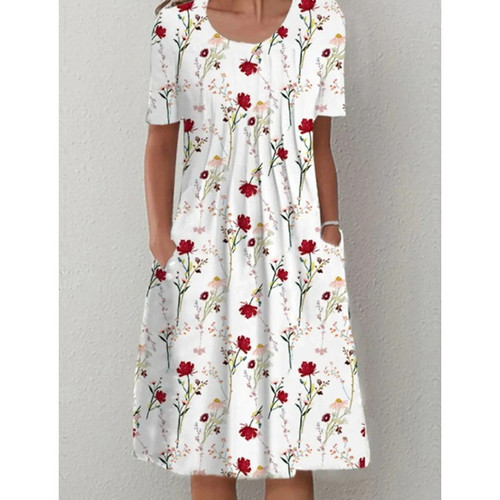Wish Spring and Summer Floral Print Round Neck Pouch Mini Dress for Women