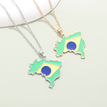 欧美跨境新款几何巴西地图旗帜项链锌合金滴油欧美风男士嘻哈吊坠