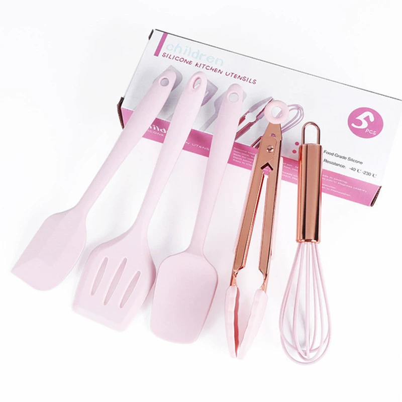 Small silicone kitchenware, golden children's set contains rose, scraper