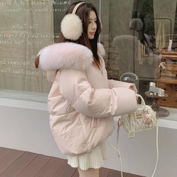 韩系嫩粉色连帽大毛领棉服外套女冬季新款短款加厚面包服棉衣