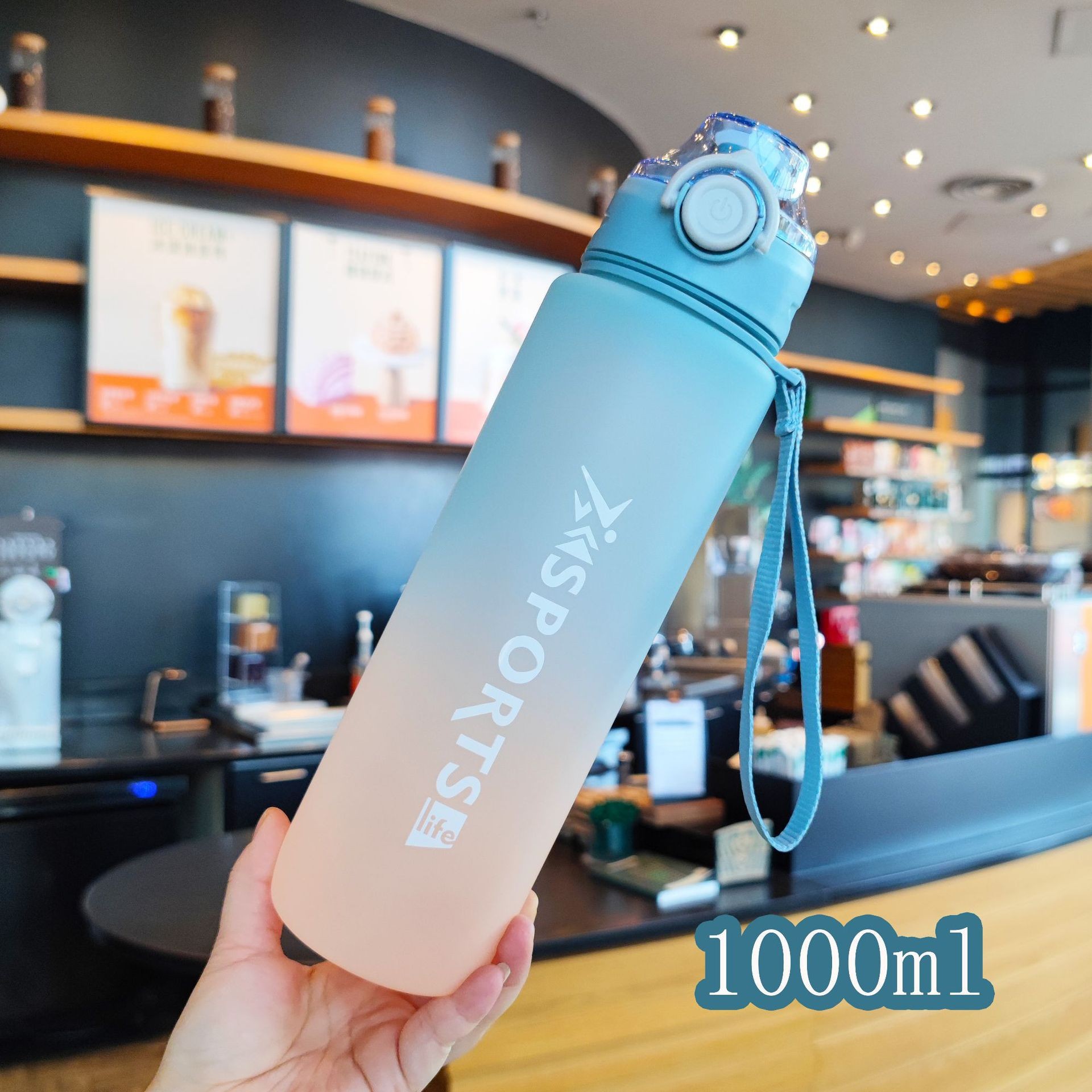 Botella de agua de plástico con degradado de color de verano, botella de agua deportiva esmerilada, asa portátil, tapa con rebote, con infusor de té, taza práctica