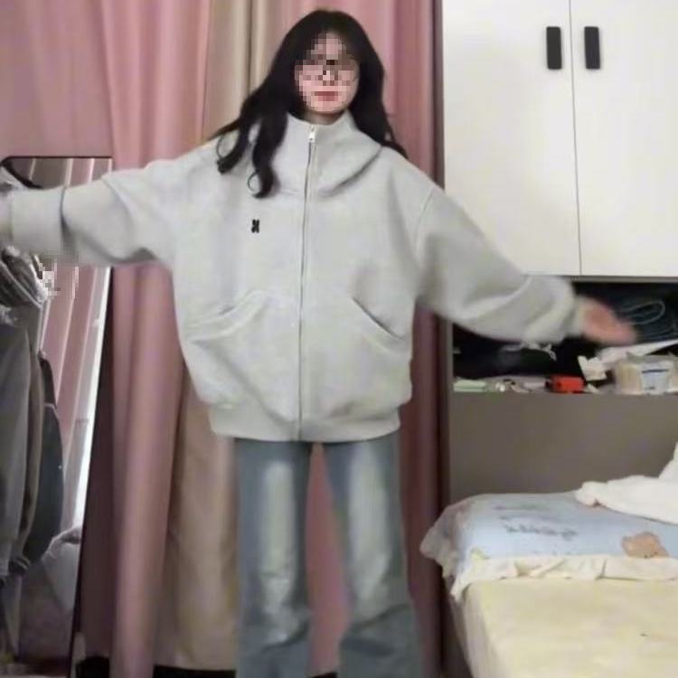 【仿华棉复合】设计感高街灰色连帽高领开衫卫衣女宽松气质百搭外|undefined