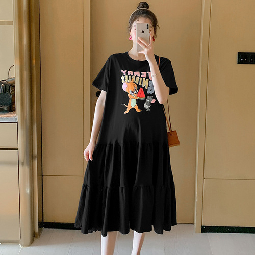 Pregnant women's summer dress, new plus-size loose short-sleeved skirt, summer T-shirt, outerwear, trendy mom, medium-length dress