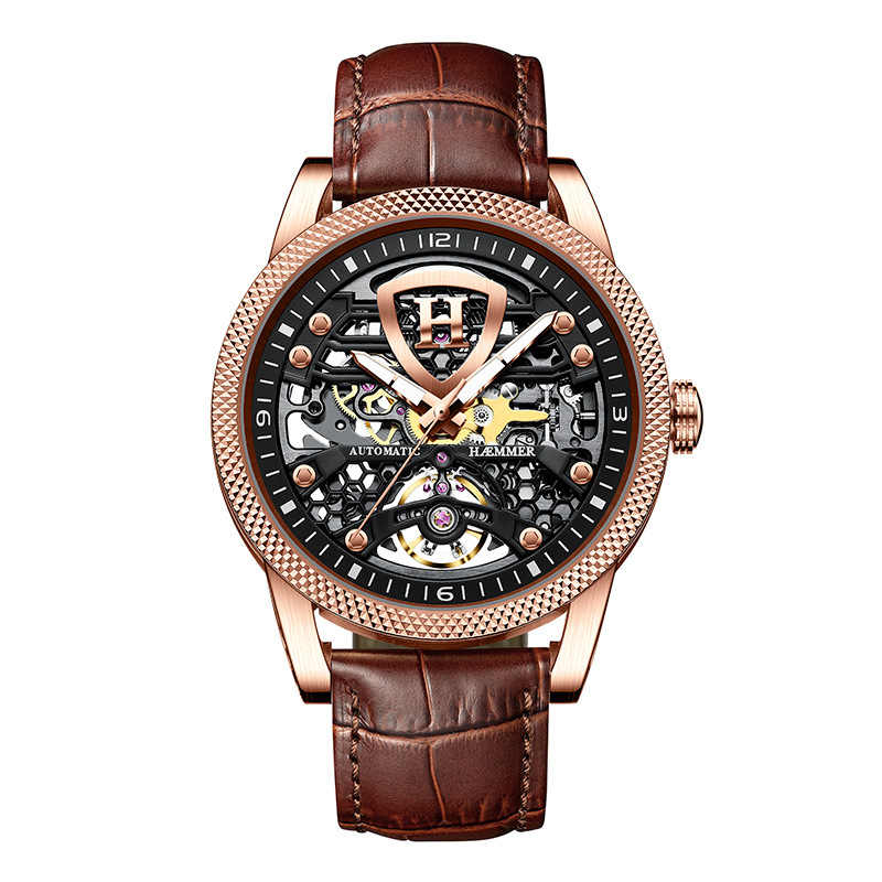 Đồng hồ nam Automatic Skeleton lộ máy phát quang chống nước Hymer — Thắt lưng cà phê mặt đen vỏ hồng, Vỏ đen mặt đen Thắt lưng đen, Vỏ Bạc mặt đen đai đen