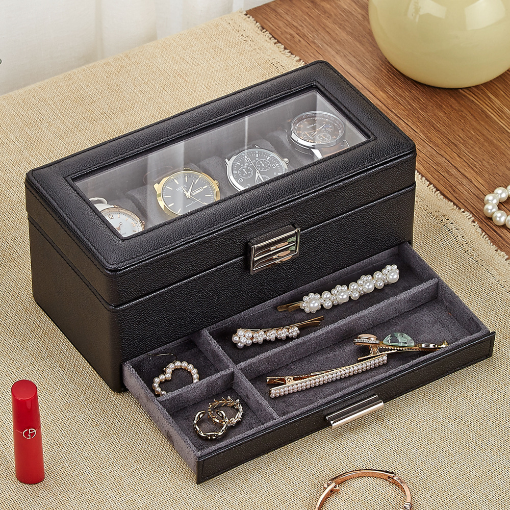Light Luxury Watch Storage Box, Four-Position Double-Layer Watch Storage Box for Luxury Watches, Wristwatches, and Jewelry, with Transparent Lid and Leather Display Case
