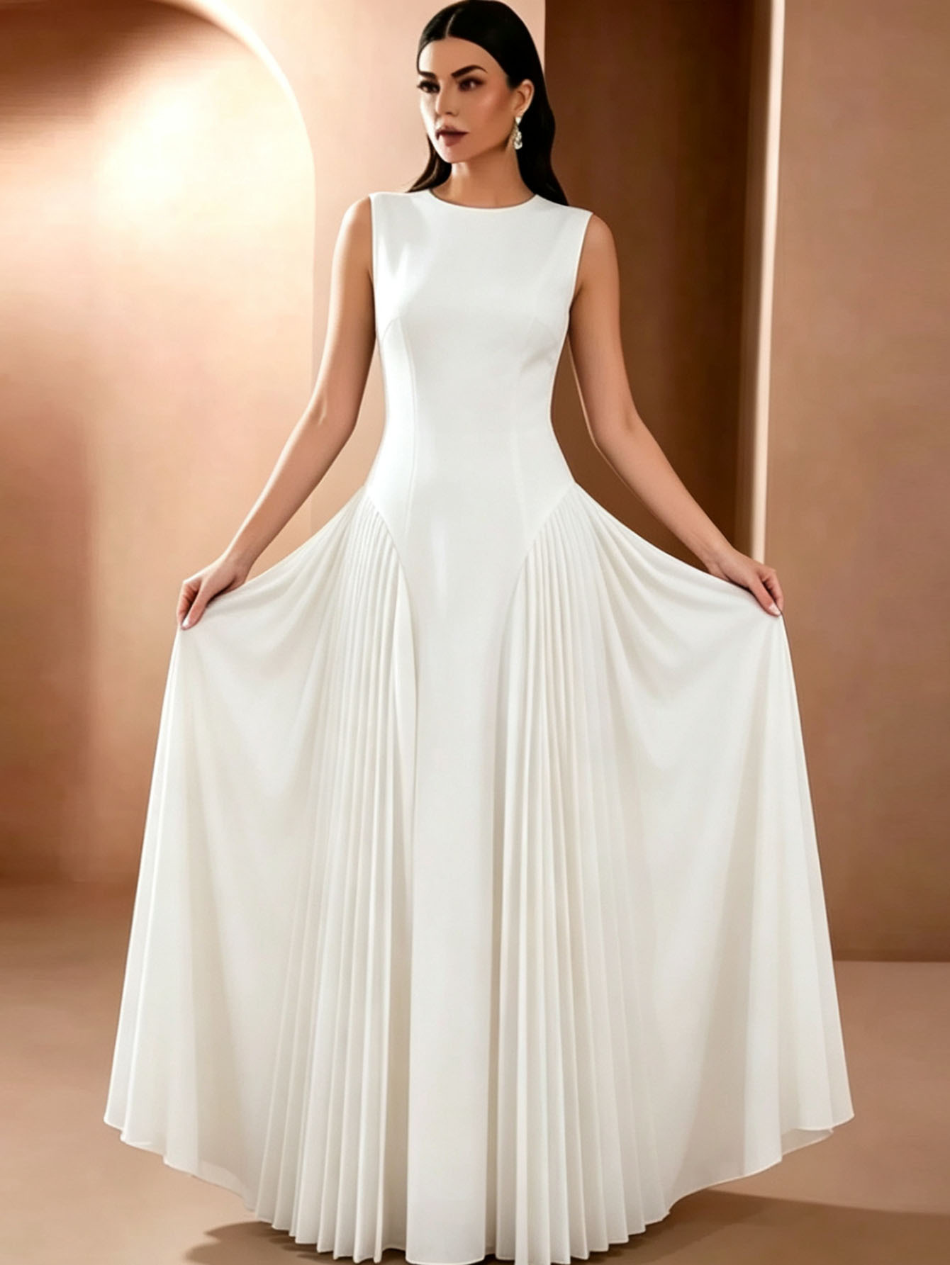 931W Europa y Estados Unidos plegado transfronterizo nuevo vestido largo blanco sexy elegante fiesta de bodas vestido de dama de honor sin mangas