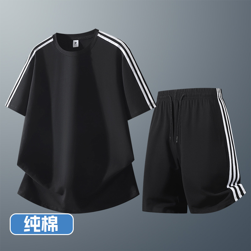 2026 신상 세 줄 막대 세트 조표 순면 반소매 반바지 세트 청소년 세 줄 막대