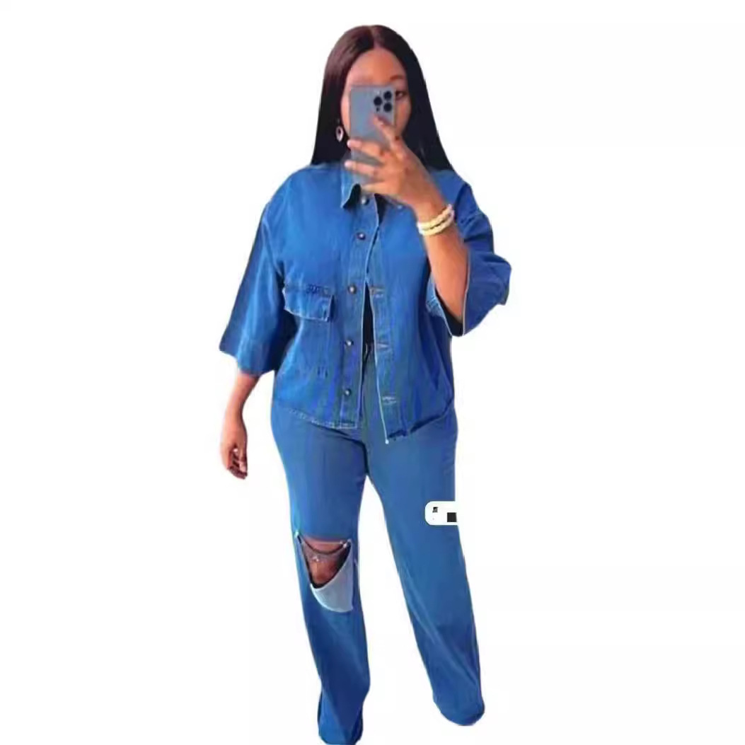 Personality Shirt Top Ripped Denim Trousers Two-piece Set