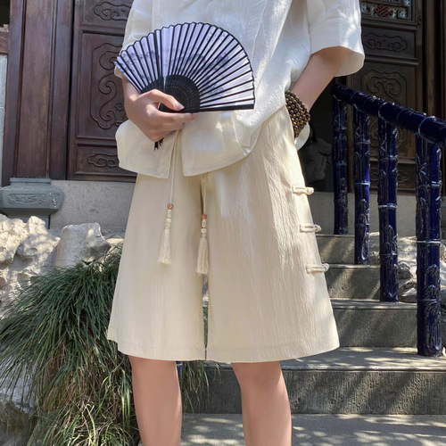 Men's Summer Thin Casual Short Pants with Traditional Chinese Knot Design, Trendy Loose-Fitting Outerwear, Five-Finger Pants for Plus Size