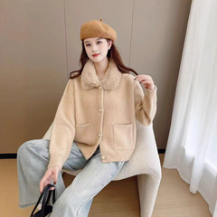 仿水貂绒外套女2025春秋装小香风设计感小众短款气质毛领开衫上衣