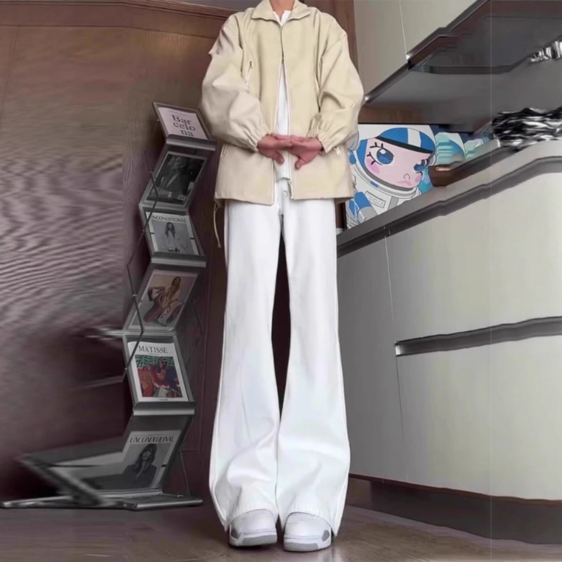 American-Style Willow Leaf Curved Knife Jeans for Men, Spring and Autumn, White, Slim Fit, Slight Flare, High-Waisted, Straight-Leg, Leg-Lengthening Pants