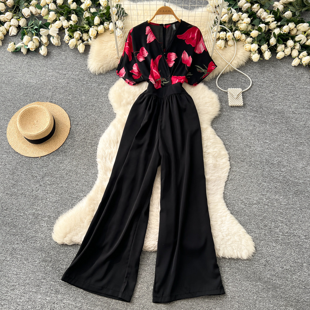 Korean Style Women's V Neck Jumpsuit High Waisted Wide Leg Pants Slimming Print Workwear Summer Elegant Long Romper_ecoleips.com