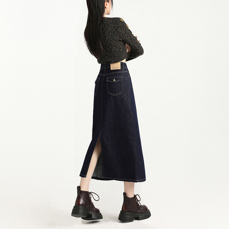 深藍色丹寧牛仔半身裙長款女春秋2025新款高腰彈力a字直筒一步裙
