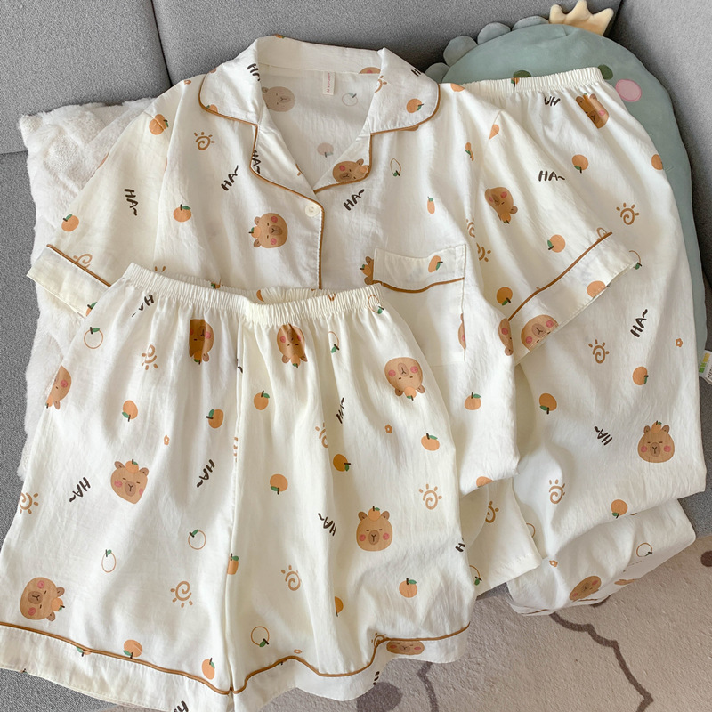 Japonés helloKitty nube de algodón puro pijamas de pareja verano de manga corta para mujer servicio a domicilio de tres piezas para hombre