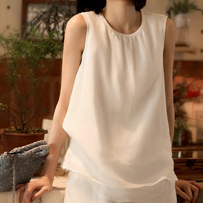 Ramie Artistic Blouse Sleeveless Loose Round Neck Top Commuter Vest Women's Clothing 2026 Summer New White Cover-Up Shirt