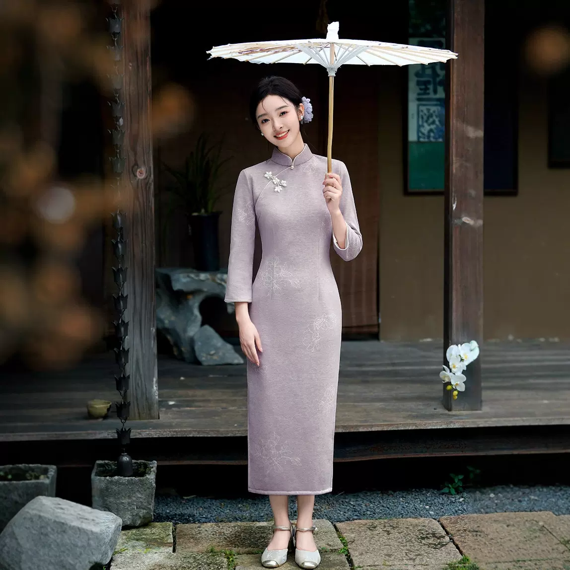 秋冬新款仿羊绒加绒珍珠扣长旗袍优雅知性改良中国风日常修身旗袍