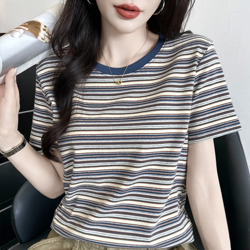263~ Striped T-Shirt with Round Neck, Loose Short Sleeves, Women's Inner Layering Shirt, Summer 2026 Half-Sleeve Top 263~ Striped T-Shirt with Round Neck, Loose Short Sleeves, Women's Inner Layering Shirt, Summer 2026 Half-Sleeve Top