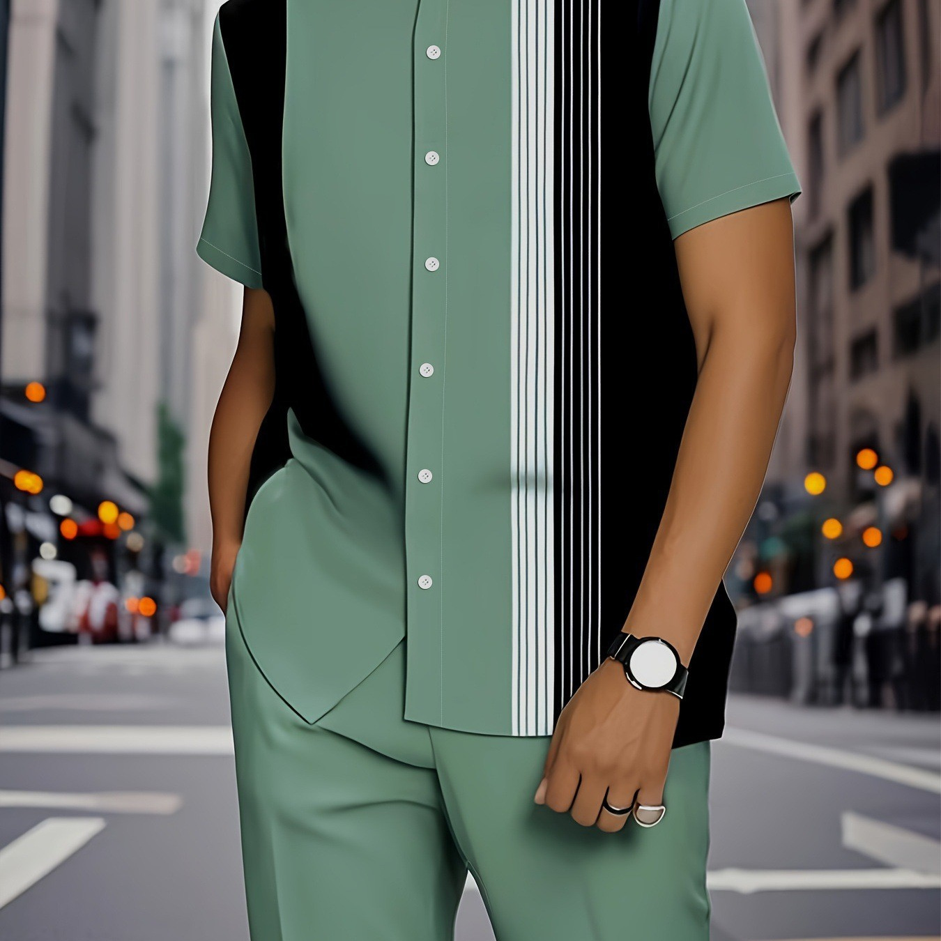 TEMU Y2 现货全码下单直发3d数码印花春秋潮流条纹户外衬衫套装