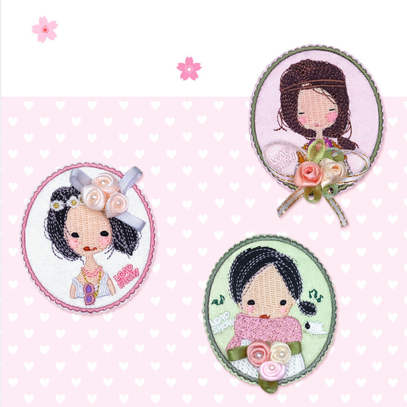 厂家销售 戴花少女立体花朵刺绣贴卡通森系服装辅料DIY厂家批发