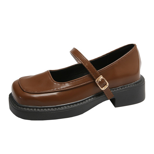 French Retro British Style Women's Small Leather Shoes 2024 Spring New Square Toe Mary Jane Shoes Low Heel Slip-on Flats