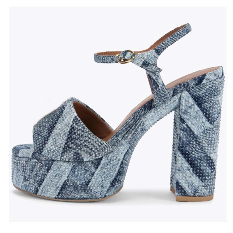 Women's Summer New Waterproof Platform High-Heeled Sandals with Rhinestones, Thick Soles, Chunky Heels, Fashionable Square Toe Versatile Sandals