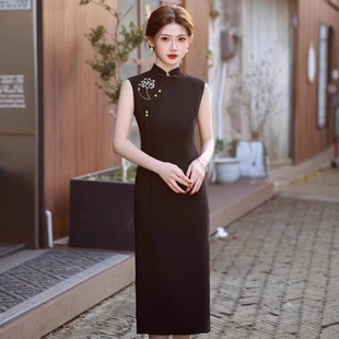 Spring and summer 2025 new double embroidery long cheongsam black sleeveless national style elegant dress waist slimming cheongsam