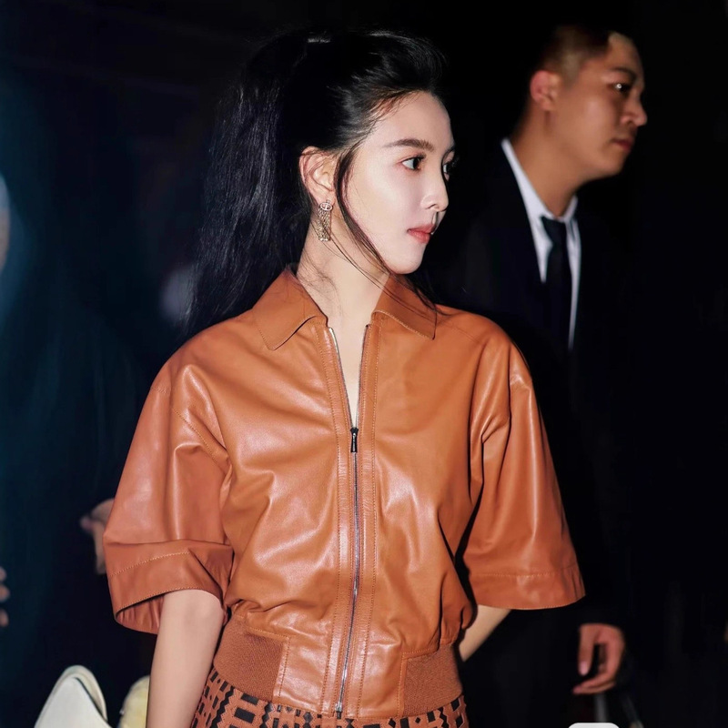 Zhang Ruonan Style 25 Autumn/Winter European Fashion Genuine Leather Sheepskin Versatile Turn-Down Collar Mid-Sleeve Short Jacket for Women Zhang Ruonan Style 25 Autumn/Winter European Fashion Genuine Leather Sheepskin Versatile Turn-Down Collar Mid-Sleeve Short Jacket for Women