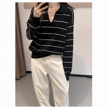 复古条纹Polo领羊毛针织衫上衣女秋冬高级感宽松慵懒打底翻领毛衣