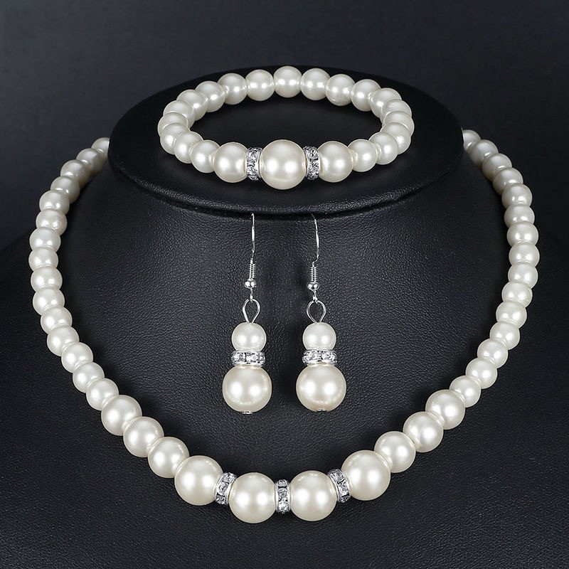 Imitation Pearl Necklace, Bracelet, and Earring Set, Beautiful Wedding Photo Accessories for the Bride, Gift for Mom, Pearl Three-Piece Set