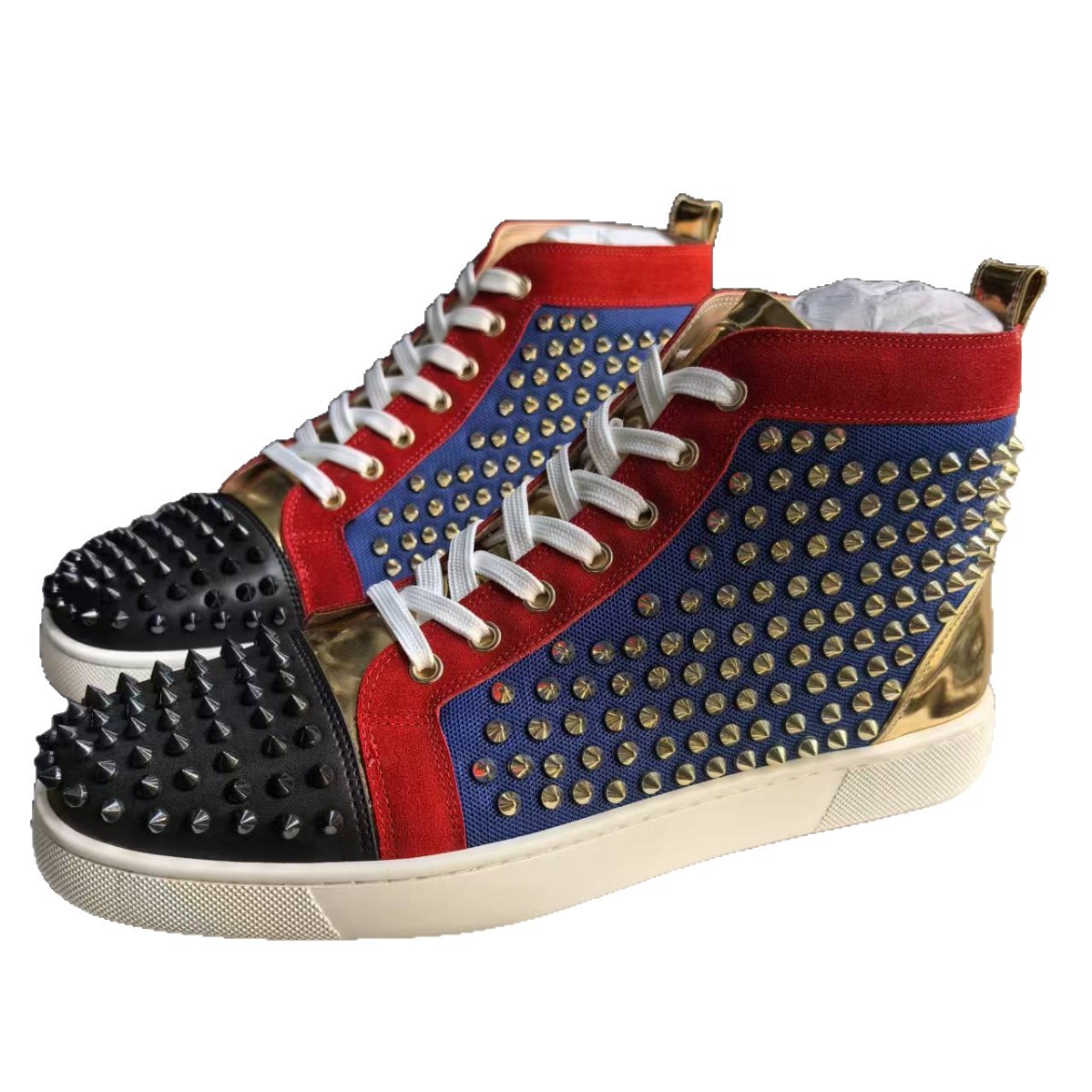 Personalised Studded High-top Sneakers In Red And Blue Leather_voghion.com