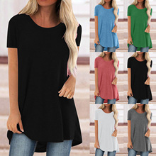亚马逊夏季热卖外穿独立站休闲大码中长款圆领短袖T恤女式纯色