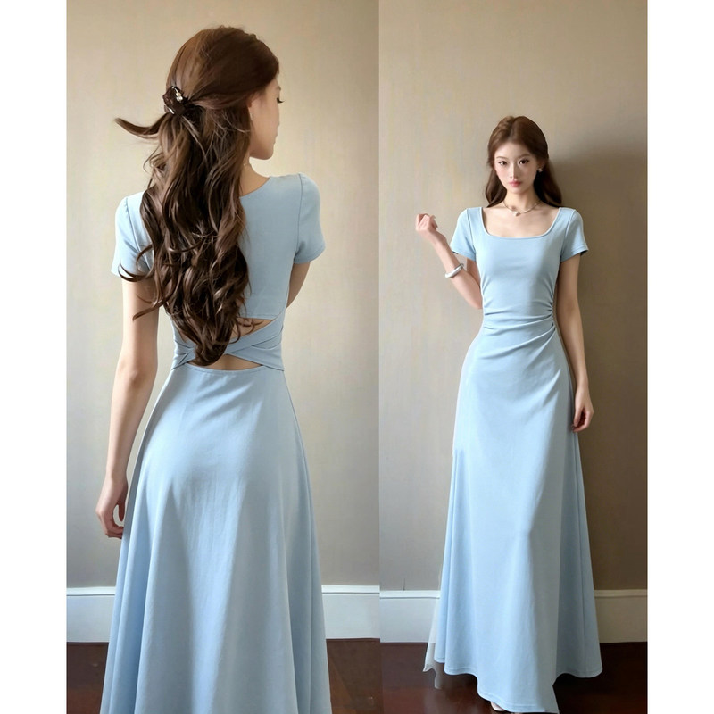 Blue Slim-Fitting and Beautiful Long Dress for Women, Summer Waist-Cinching, Slimming, High-Quality, Unique and Beautiful Short-Sleeved Square-Neck Dress Blue Slim-Fitting and Beautiful Long Dress for Women, Summer Waist-Cinching, Slimming, High-Quality, Unique and Beautiful Short-Sleeved Square-Neck Dress