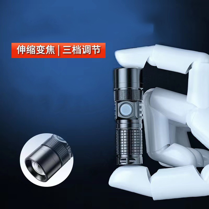 Mini linterna al aire libre multifuncional recargable p50 fuerte cordón ligero portátil fuerte luz tipo-c linterna zoom