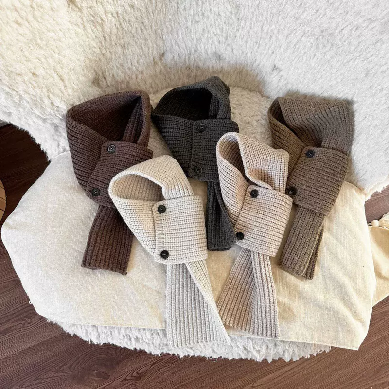 儿童针织围巾秋冬可爱保暖交叉围脖百搭男女宝宝脖套纽扣短款韩系