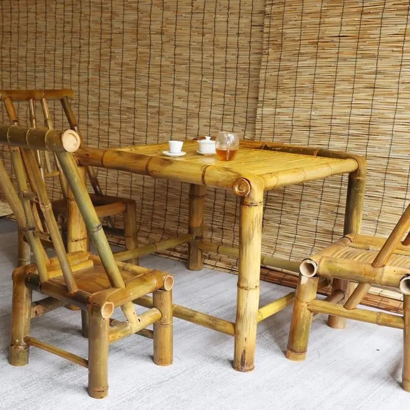 B&B Courtyard Outdoor Bamboo Tables and Chairs Chinese Courtyard Bamboo Tables and Chairs Handmade Bamboo Tables Tea Tables Carbonized Dining Tables 2